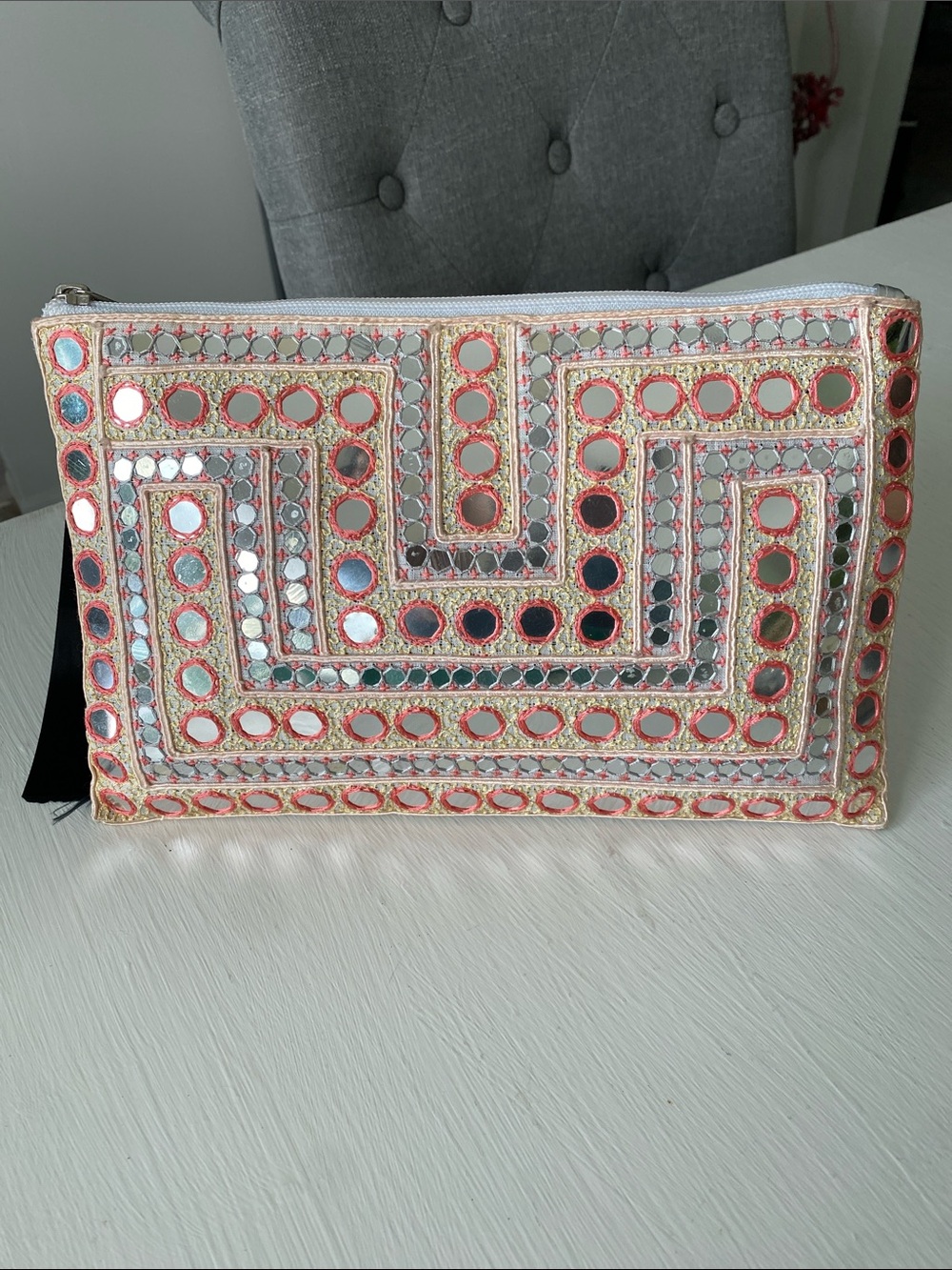 Peach Coral Mirror Embroidered Clutch